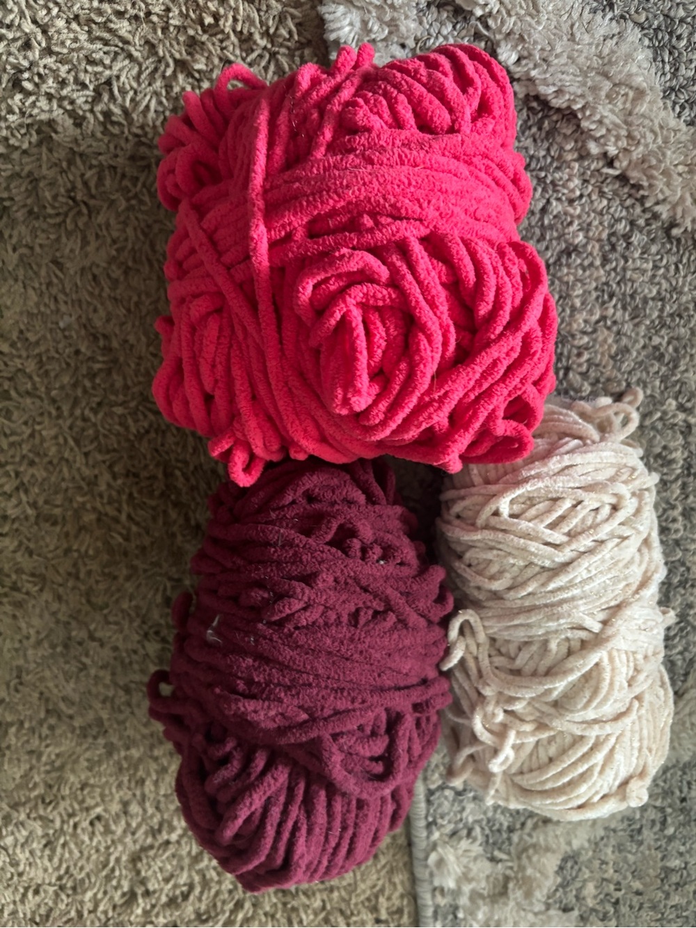 Plush Chenille Yarn Trio - Hot Pink, Burgundy, Blush leftover yarn